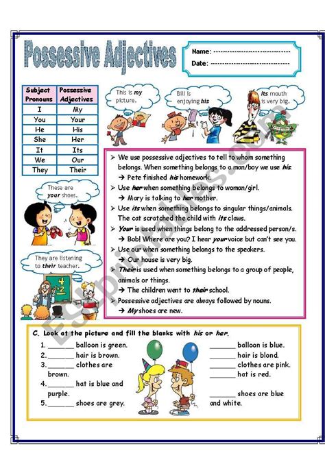Worksheet With Possessive Adjectives