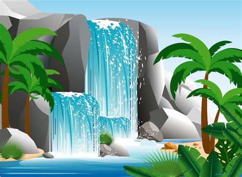 Premium Vector Illustration Of Beautiful Waterfall In Tropical Jungle