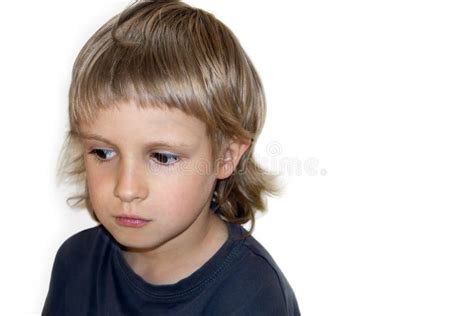 Sad And Pensive Little Boy Portret White Copy Space Background Stock