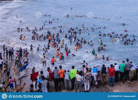 Atlantic Ocean Coastline With Boats And Local Ghana African People