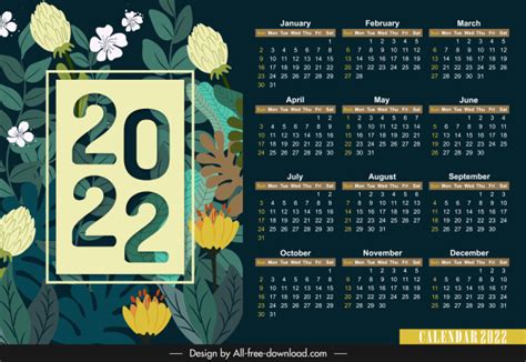 2022 Calendar Template Elegant Flowers Dark Multicolored Vectors