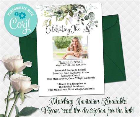 Greenery Funeral Prayer Card Template Printable Green Leafs Etsy