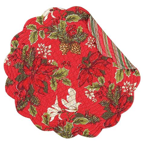 Set Of 2 Quilted Round Poinsettia And Pine Placemats Cotton Quilts