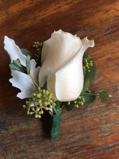 White Rose Boutonniere With Dusty Miller And Seeded Eucalyptus Rose