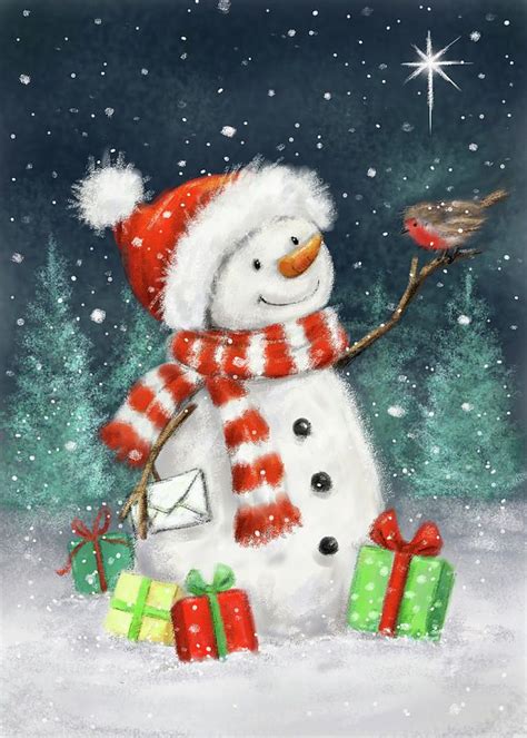 Wood Mixed Media Snowman With Presents 3 By Makiko Christmas Art