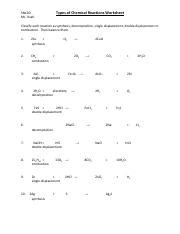 The combination of 2 or more simple substances to form a more complex substance element +element = compound ex: Lesson 14 - Types of Reactions Worksheet - Answers.pdf ...