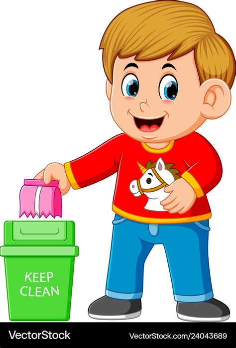 A Boy Keep Clean Environment By Trush In Rubbish Vector Image