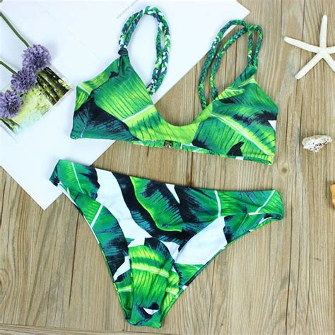 Buy New Green Leaf Print Bikini Sets 2017 High Neck
