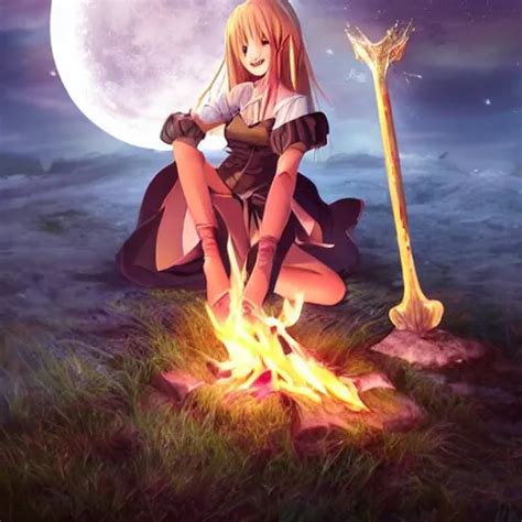 A Beautiful Anime Girl Sitting By A Dark Souls Bonfire Stable