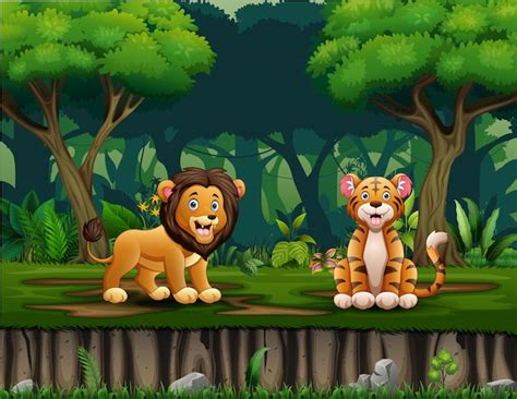 Premium Vector Cartoon Tiger And Lion Families Playing In Nature
