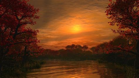 720p Free Download River At Dusk Forest Autumn Sun Shine Trees