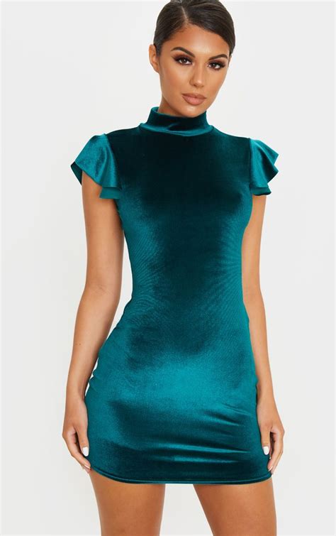 Emerald Green Velvet Short Frill Sleeve Bodycon Dress Bodycon Dress With Sleeves Mini Dress
