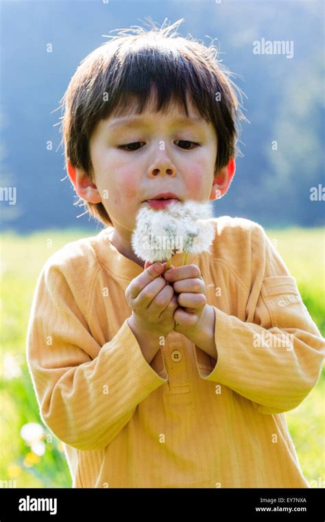 Caucasian Child Boy 6 7 Year Old Against Tree Background Boy Is