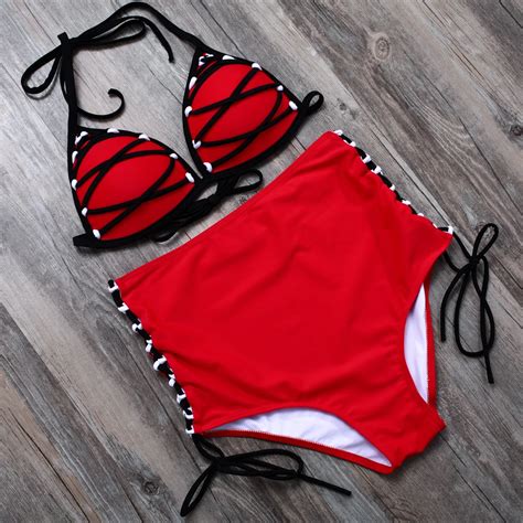 Trangel High Waist Women Swimsuit Sexy Swimwear Solid Red Bikini Set