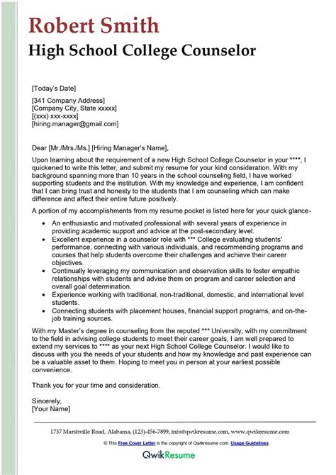 High School College Counselor Cover Letter Examples Qwikresume