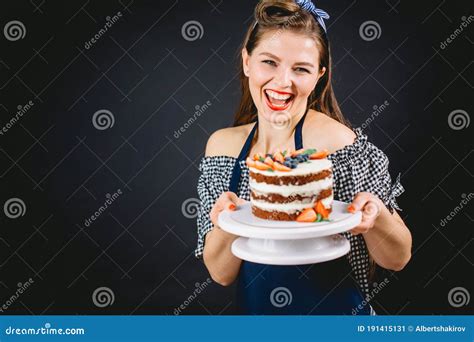 Pin Up Styled Woman Presenting Cake Stock Image Image Of Attractive