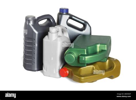 Assorted Plastic Containers For Engine Oils On White Background Stock