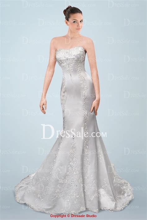 Silver Satin Mermaid Wedding Gown Featuring Delicate Applique And Court Train Wedding Gowns