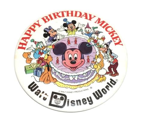 Vintage Disney Button Happy Birthday Mickey Walt Disney World Pin Party