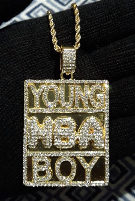 Hip Hop 14k Gold Pt Iced Out Cz Nba Young Boy Never Broke Pendant Rope