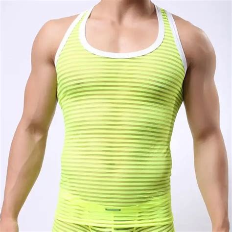 Fashion Brand Mesh Striped Transparent Men Sexy Fitness Tank Tops