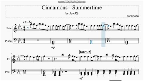 Cinnamons X Evening Cinema Summertime Sheet Music Flute Version
