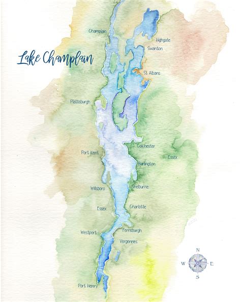 Lake Champlain Watercolor Map Etsy