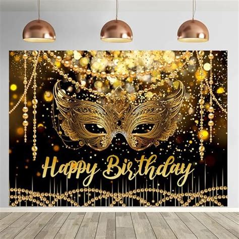 7x5ft Black And Gold Glitter Happy Birthday Backdrop Masquerade Mask Party