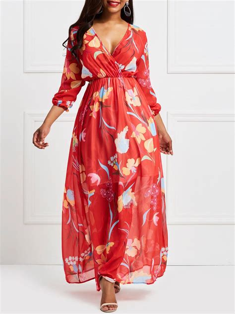 Chiffon V Neck Floral Floor Length Dress Maxi Dress