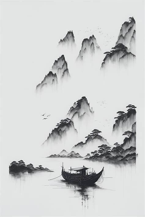 Printable Chinese Ink Painting Mountains And River Landscape Etsy