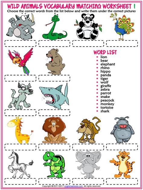 Animals Vocabulary Esl Matching Exercise Worksheets For Kids Nature