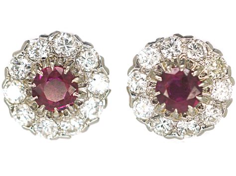 Art Deco 18ct White Gold Ruby And Diamond Cluster Earrings 509p The