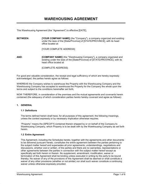 warehousing agreement template sample form biztreecom