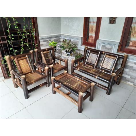 kursi bambu hitam teras /bangku bambu harga termurah 1 set sprti di