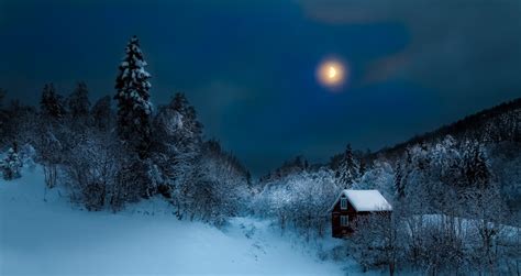 Cottage Forest Hill Mist Nature Moon Winter Landscape Snow