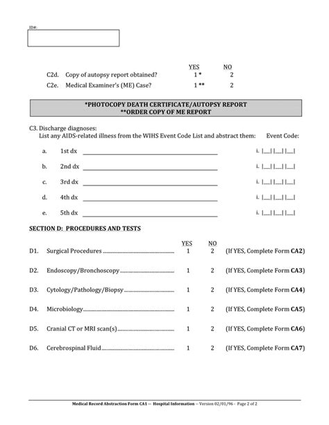 Medical Record Abstraction Form In Word And Pdf Formats Page 2 Of 2