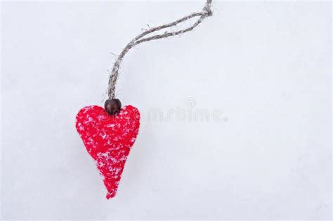 Handmade Red Woolen Felt Heart On White Pure Snow Stock Image Image