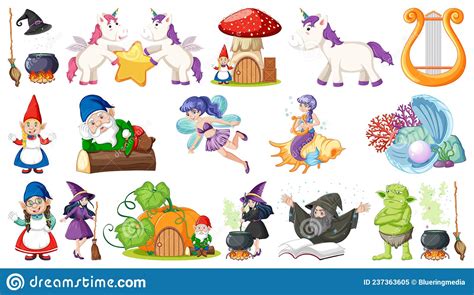 Set Of Fantasy Fairy Tale Characters And Elements Stock Vector