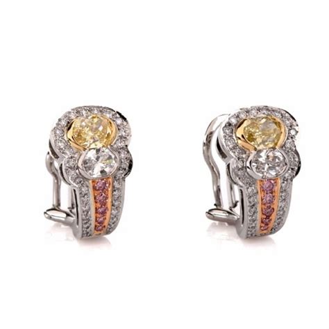 C Krypell Natural Fancy Yellow And Pink Diamond Platinum Earrings At