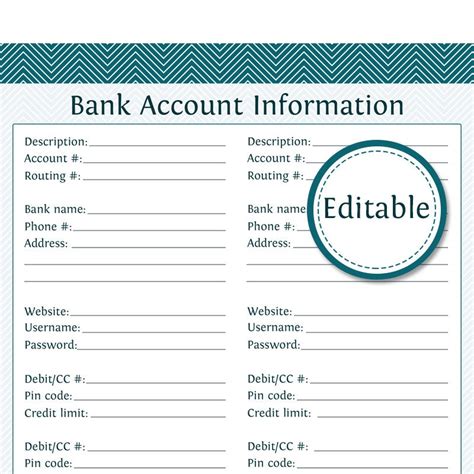 Bank Account Information Editable Instant By Organizelife