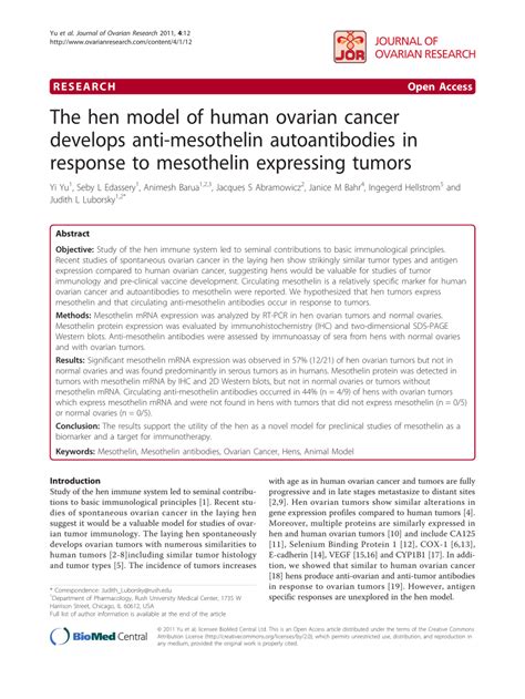 Pdf The Hen Model Of Human Ovarian Cancer Develops Anti Mesothelin