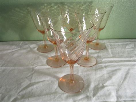 antique pink depression glass optic swirl wine water glasses pink stems lot of 6 antique