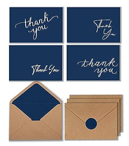 100 Thank You Cards In Navy Blue With Brown Kraft Envelopes And