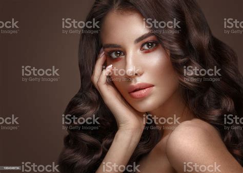 Beautiful Brunette Model Curls Classic Makeup And Full Lips The Beauty