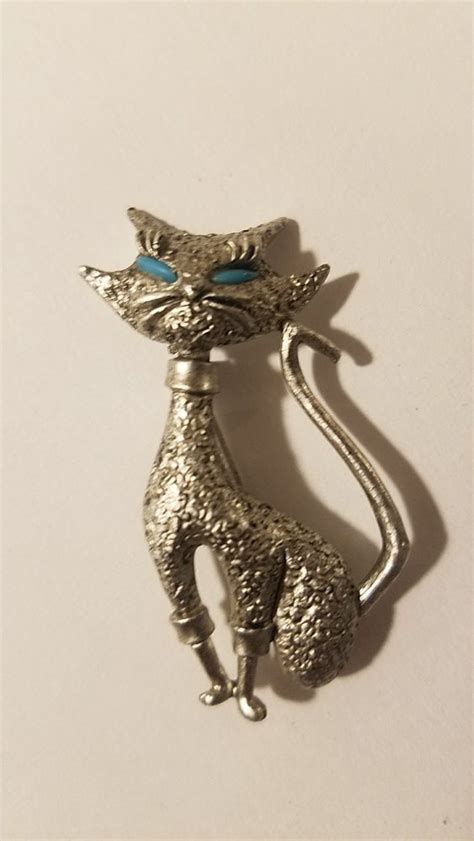 Vintage Jj Siamese Cat Pin Brooch Silver Tone With Turquoise Eyes