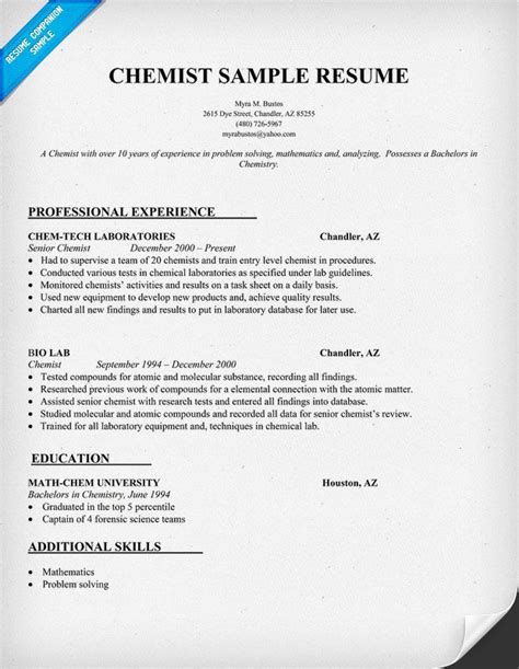 Graduate cv template, university, student cv, work experience, teamwork, graduate trainee jobs administrative assistant accounting assistant account executive accounts clerk bartender bar staff call centre cashier cleaner catering assistant clerk courier dental assistant delivery driver data. Resume Sample Chemist (http://resumecompanion.com) | Resume Samples Across All Industries ...