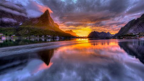 Sunset At The Norwegian Coast Mountains Water Reflections Landscape