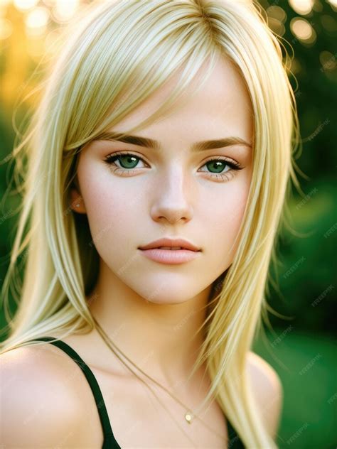 premium ai image a blonde woman with blonde hair and green eyes looks at the camera
