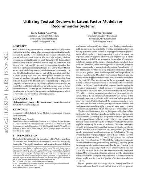 PDF Utilizing Textual Reviews In Latent Factor Models For Recommender Systems