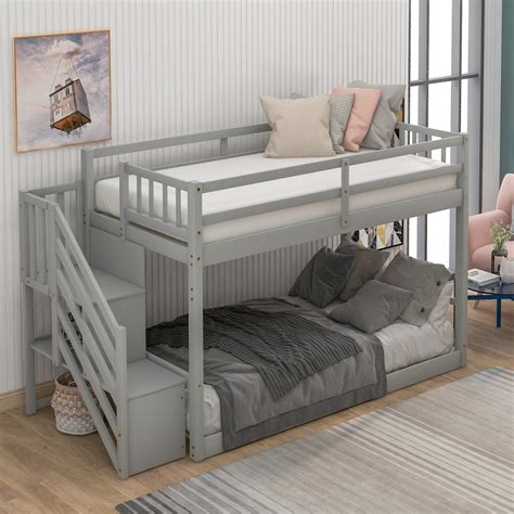 Merax Twin Over Twin Floor Bunk Bed Solid Wood Twin Bunk Bed Frame